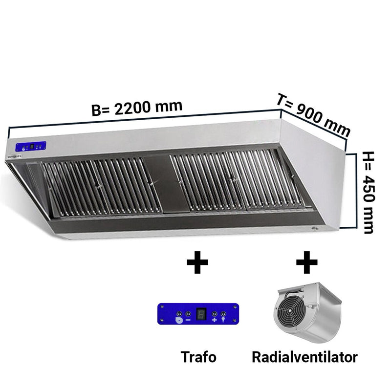 Hotte murale - 2200mm - avec moteur, régulateur, filtre & lampe.