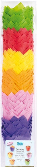 PAQUET DE 240 (40 DE CHAQUE COULEUR) CAISSETTES DE CUISSON TULIPCUP EN PAPIER INGRAISSABLE ASSORTIES VIOLET/ROSE/JAUNE/ROUGE/ORANGE/VERT Ø 50 H 80 MM.