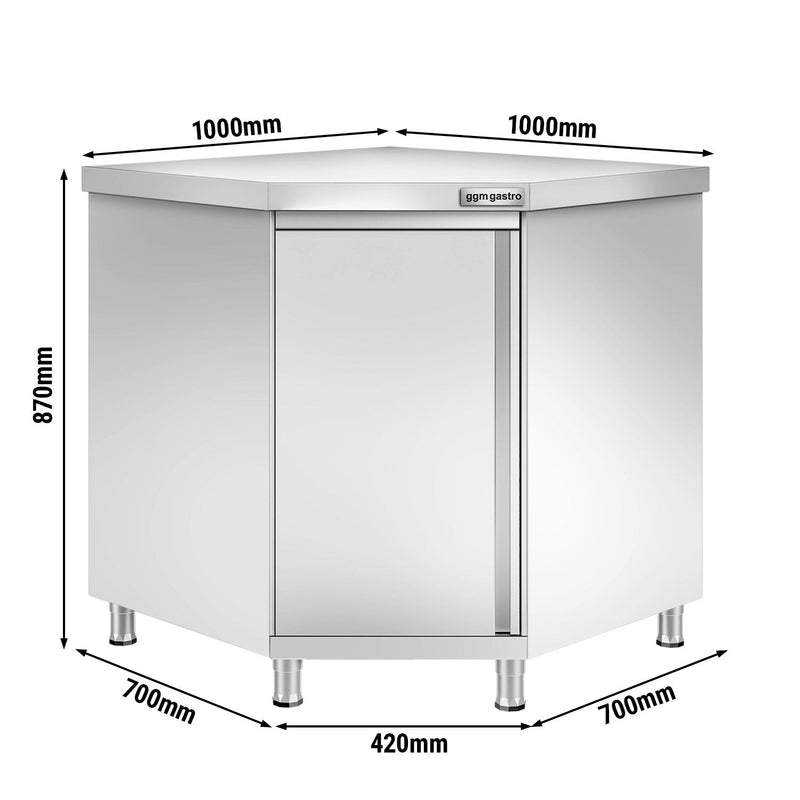 Armoire de travail d'angle en inox PREMIUM avec porte battante & rebord 1000x700mm